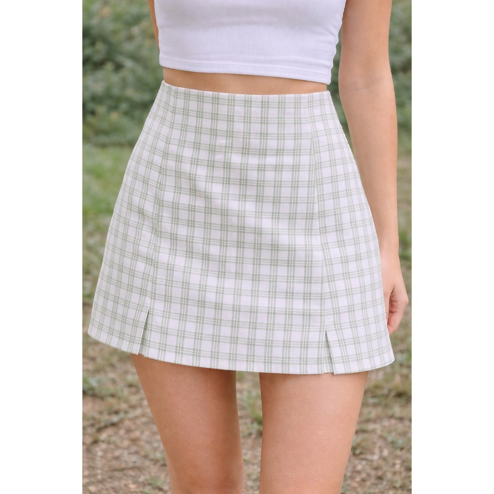 Zaful Sage Green White Plaid Mini Skirt High Waisted‎ Front Slit Size M NWT
